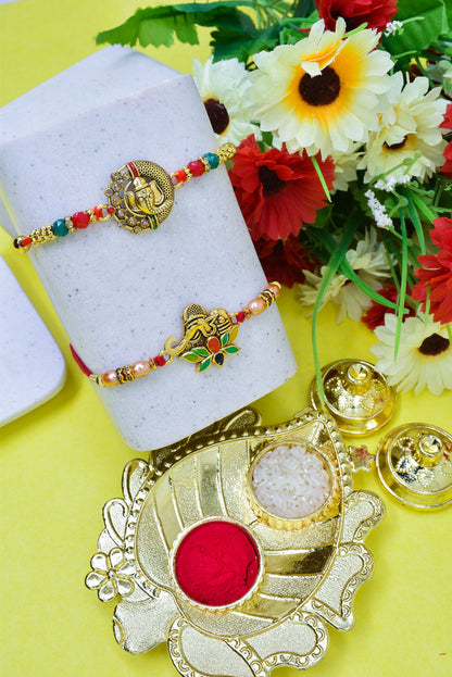 Gold Ganesha Elegant Rakhi set with Roli Chawal & Card| rakhi for brother and bhabhi  kids| rakhi set of 2 | resin rakhi