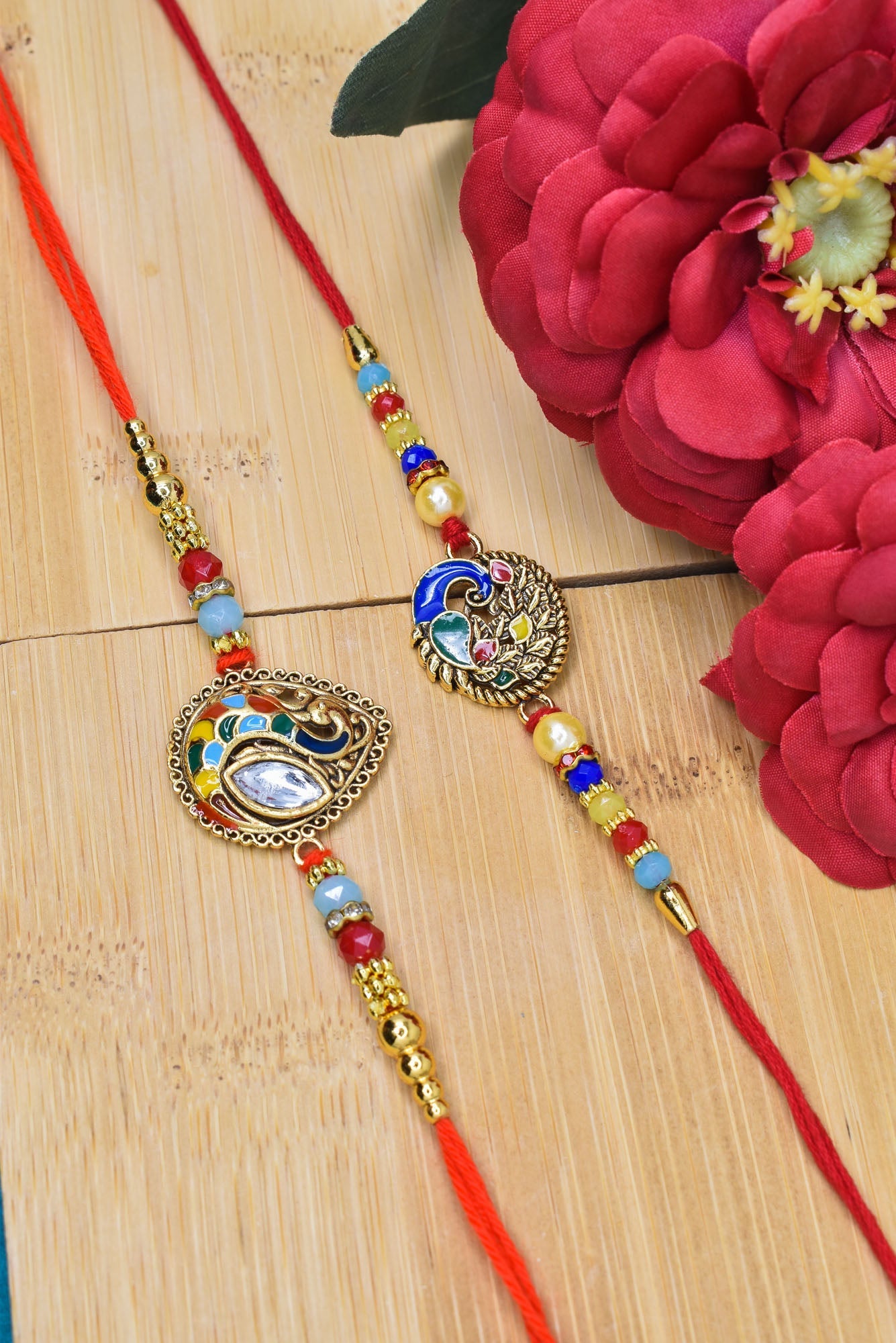 Brass Stylish Multicolor Peacock  Rakhi set with Roli Chawal & Card| rakhi for brother and bhabhi  kids| rakhi set of 2 | resin rakhi