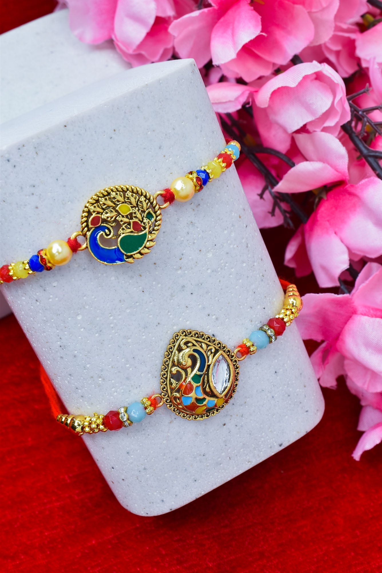 Brass Stylish Multicolor Peacock  Rakhi set with Roli Chawal & Card| rakhi for brother and bhabhi  kids| rakhi set of 2 | resin rakhi