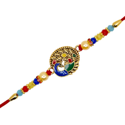 Brass Stylish Multicolor Peacock  Rakhi set with Roli Chawal & Card| rakhi for brother and bhabhi  kids| rakhi set of 2 | resin rakhi