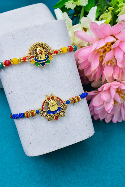 Religious Trishul with Shivling Meenakari Rakhi set with Roli Chawal & Card| rakhi for brother and bhabhi  kids| rakhi set of 2 | resin rakhi