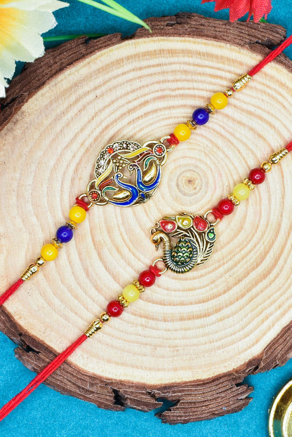 Brass Stylish Art Rakhi Multicolor Peacock  Rakhi set with Roli Chawal & Card| rakhi for brother and bhabhi  kids| rakhi set of 2 | resin rakhi