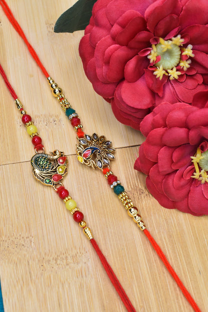 Brass Stylish Art Rakhi Multicolor Peacock  Rakhi set with Roli Chawal & Card| rakhi for brother and bhabhi  kids| rakhi set of 2 | resin rakhi