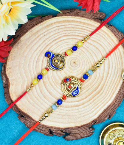 Brass Stylish Art Rakhi Multicolor Peacock  Rakhi set with Roli Chawal & Card| rakhi for brother and bhabhi  kids| rakhi set of 2 | resin rakhi