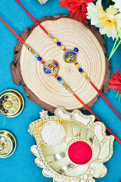 Brass Stylish Art Rakhi Multicolor Peacock  Rakhi set with Roli Chawal & Card| rakhi for brother and bhabhi  kids| rakhi set of 2 | resin rakhi