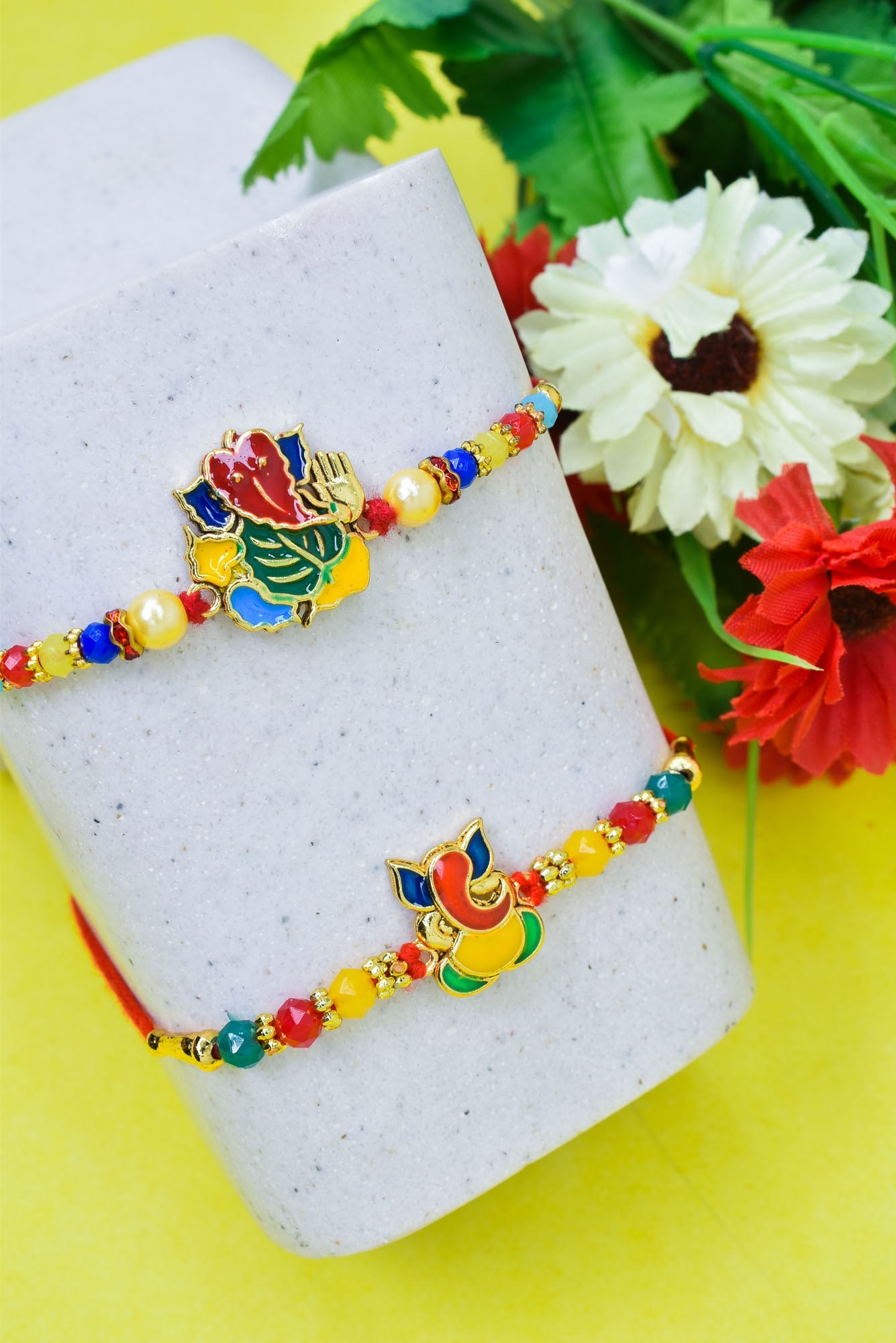 Leaf  Painted Ganesha Rakhi set with Roli Chawal & Card| rakhi for brother and bhabhi  kids| rakhi set of 2 | resin rakhi