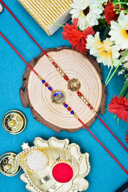 Brass Stylish Art Rakhi Multicolor Peacock  Rakhi set with Roli Chawal & Card| rakhi for brother and bhabhi  kids| rakhi set of 2 | resin rakhi