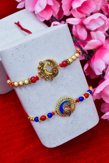 Brass Stylish Art Rakhi Multicolor Peacock  Rakhi set with Roli Chawal & Card| rakhi for brother and bhabhi  kids| rakhi set of 2 | resin rakhi