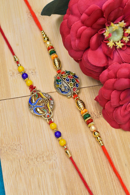 Brass Stylish Art Rakhi Multicolor Peacock  Rakhi set with Roli Chawal & Card| rakhi for brother and bhabhi  kids| rakhi set of 2 | resin rakhi