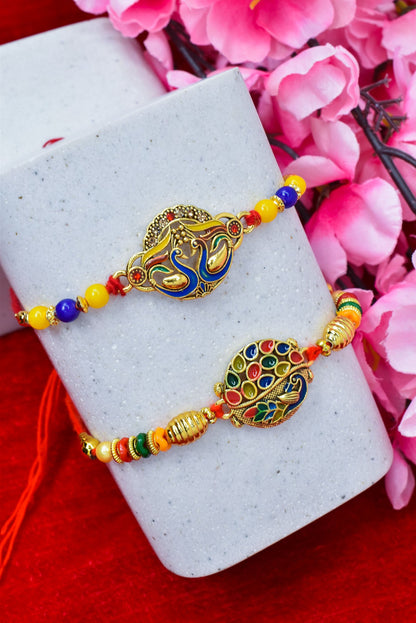 Brass Stylish Art Rakhi Multicolor Peacock  Rakhi set with Roli Chawal & Card| rakhi for brother and bhabhi  kids| rakhi set of 2 | resin rakhi