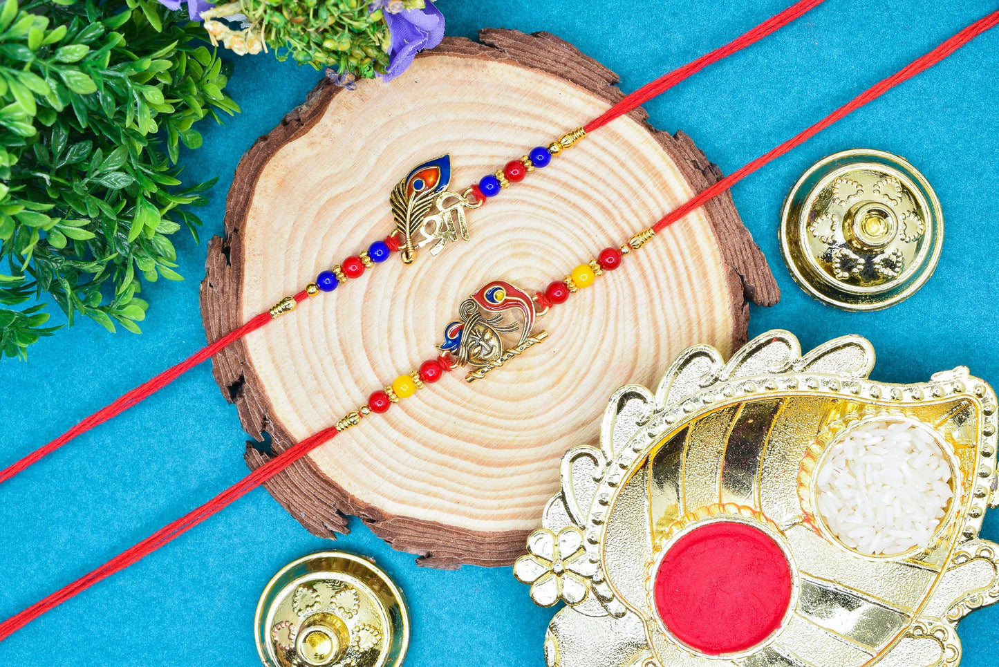 Shri Krishana with Morpankh Rakhi set with Roli Chawal & Card| rakhi for brother and bhabhi  kids| rakhi set of 2 | resin rakhi