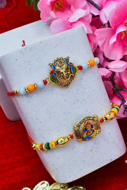 Brass Ganesha Rakhi set with Roli Chawal & Card| rakhi for brother and bhabhi  kids| rakhi set of 2 | resin rakhi