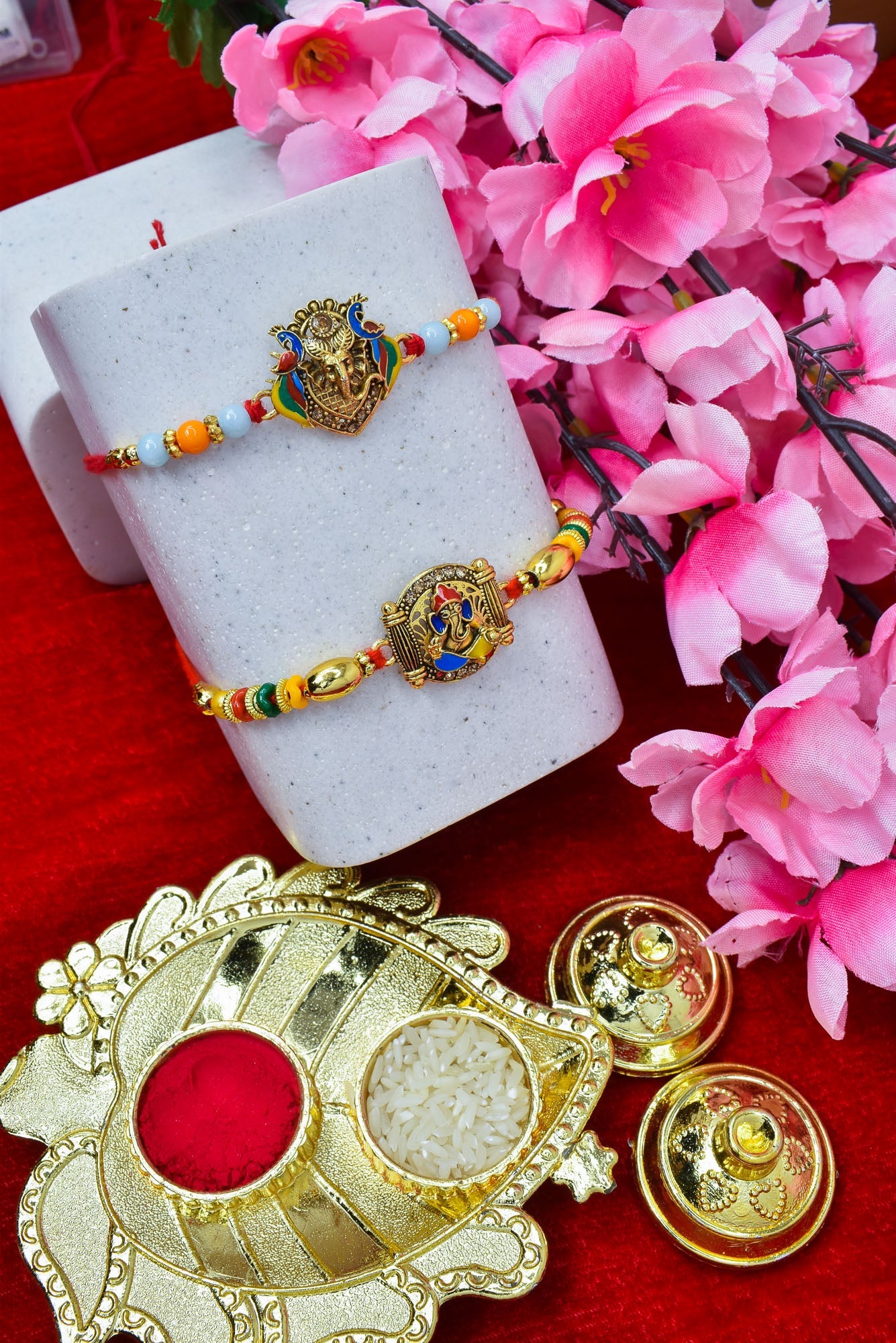 Brass Ganesha Rakhi set with Roli Chawal & Card| rakhi for brother and bhabhi  kids| rakhi set of 2 | resin rakhi