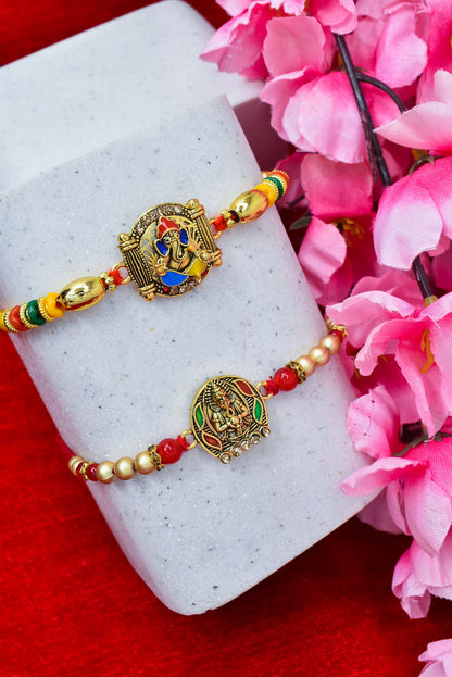 Brass Elegant Ganesha Rakhi set with Roli Chawal & Card| rakhi for brother and bhabhi  kids| rakhi set of 2 | resin rakhi