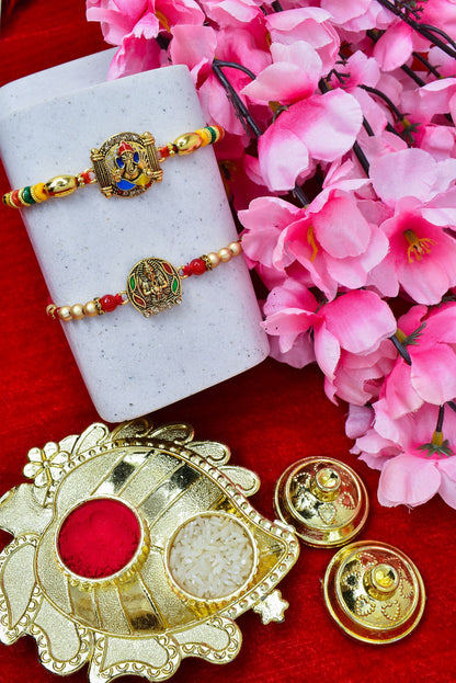 Brass Elegant Ganesha Rakhi set with Roli Chawal & Card| rakhi for brother and bhabhi  kids| rakhi set of 2 | resin rakhi