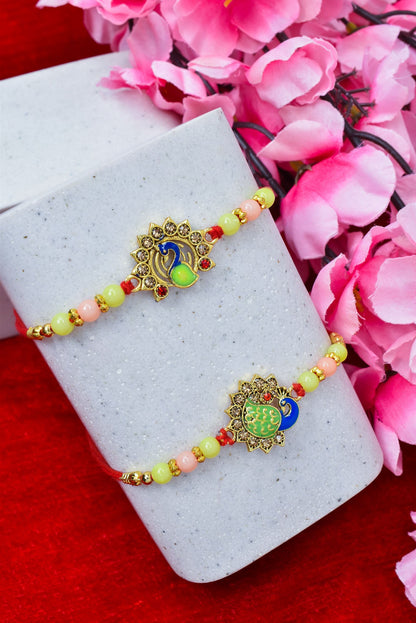 Brass Stylish Art Rakhi Multicolor Peacock  A.D. stone Rakhi set with Roli Chawal & Card| rakhi for brother and bhabhi  kids| rakhi set of 2 | resin rakhi