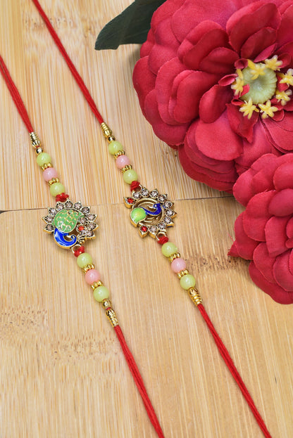 Brass Stylish Art Rakhi Multicolor Peacock  A.D. stone Rakhi set with Roli Chawal & Card| rakhi for brother and bhabhi  kids| rakhi set of 2 | resin rakhi