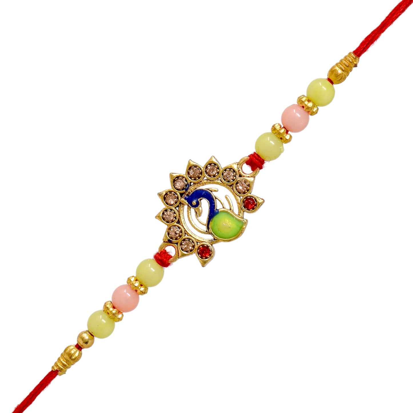 Brass Stylish Art Rakhi Multicolor Peacock  A.D. stone Rakhi set with Roli Chawal & Card| rakhi for brother and bhabhi  kids| rakhi set of 2 | resin rakhi