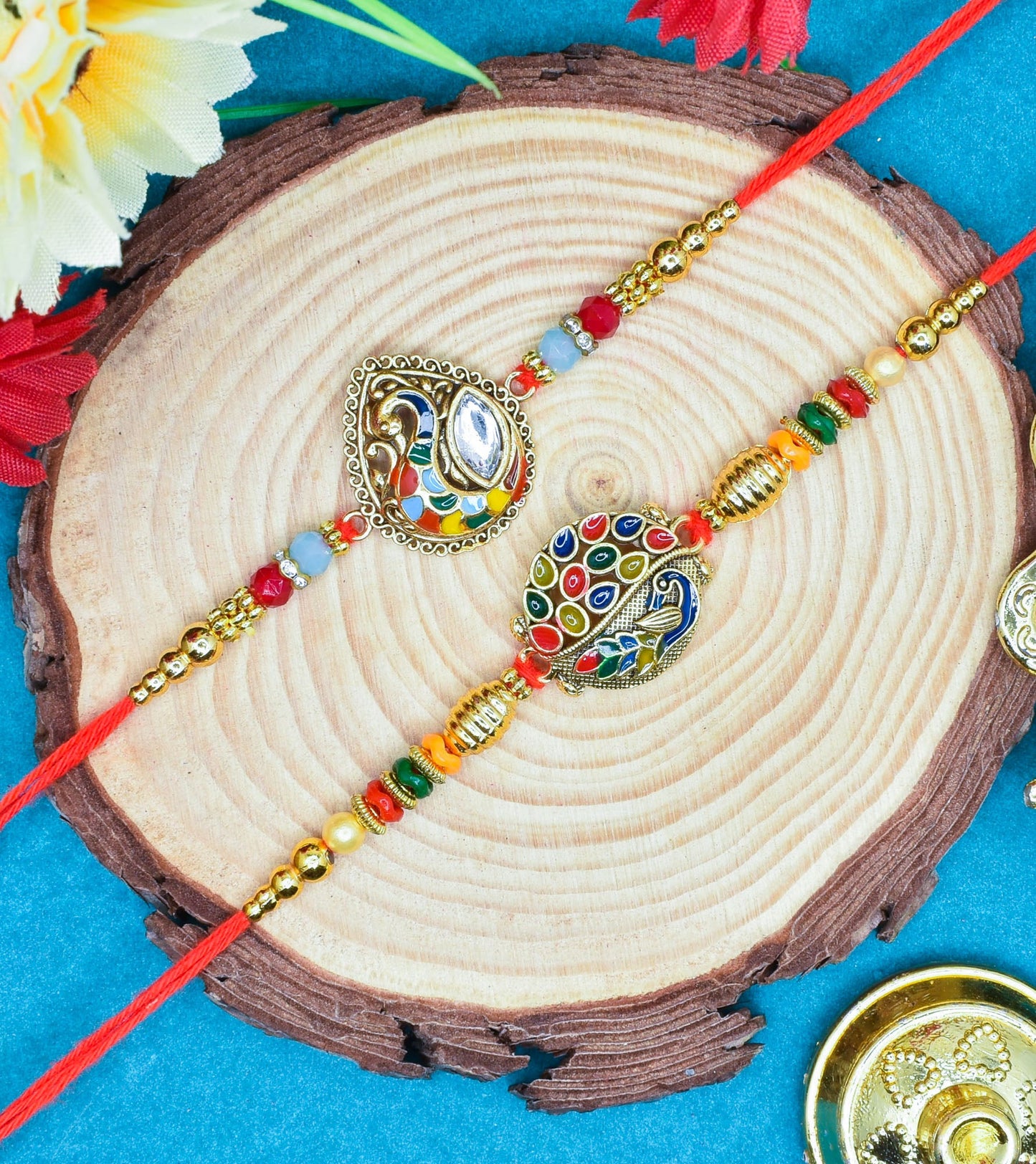 Brass Stylish Art Rakhi Multicolor Peacock  Rakhi set with Roli Chawal & Card| rakhi for brother and bhabhi  kids| rakhi set of 2 | resin rakhi