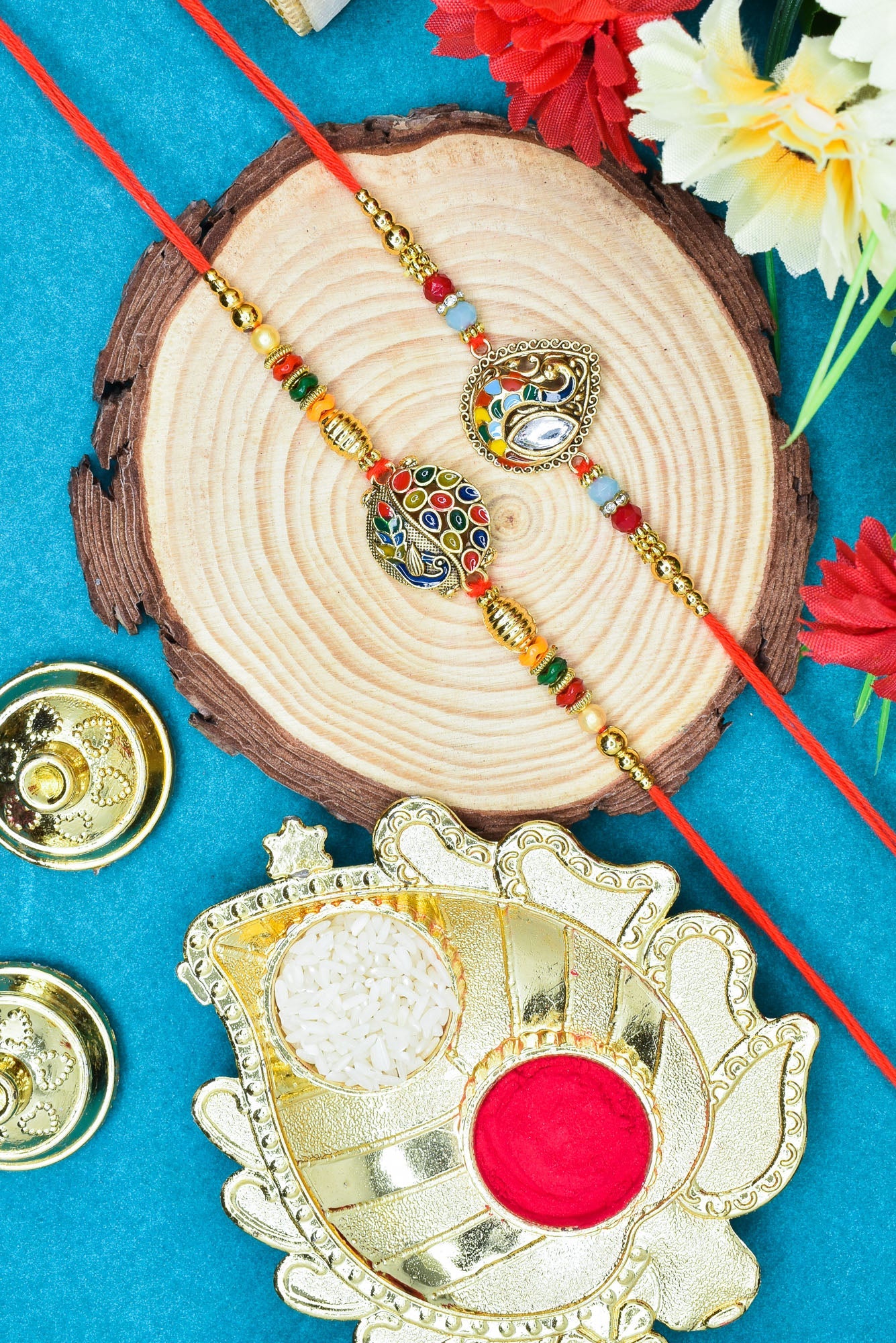 Brass Stylish Art Rakhi Multicolor Peacock  Rakhi set with Roli Chawal & Card| rakhi for brother and bhabhi  kids| rakhi set of 2 | resin rakhi