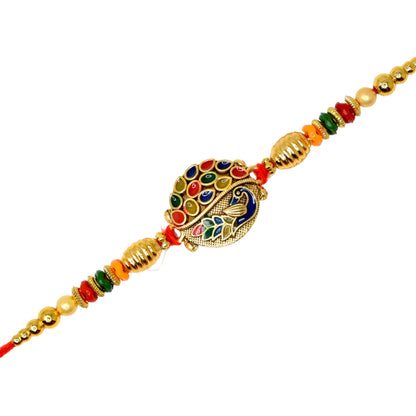 Brass Stylish Art Rakhi Multicolor Peacock  Rakhi set with Roli Chawal & Card| rakhi for brother and bhabhi  kids| rakhi set of 2 | resin rakhi