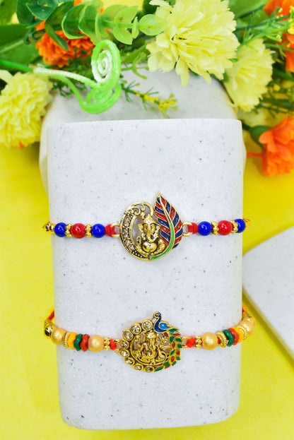 Brass Elegant Ganesha with Peacock Rakhi set with Roli Chawal & Card| rakhi for brother and bhabhi  kids| rakhi set of 2 | resin rakhi