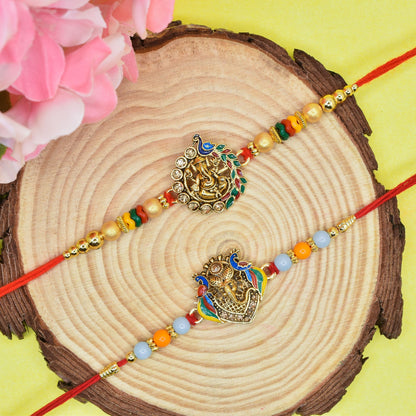 Brass Elegant Ganesha with Peacock Rakhi set with Roli Chawal & Card| rakhi for brother and bhabhi  kids| rakhi set of 2 | resin rakhi