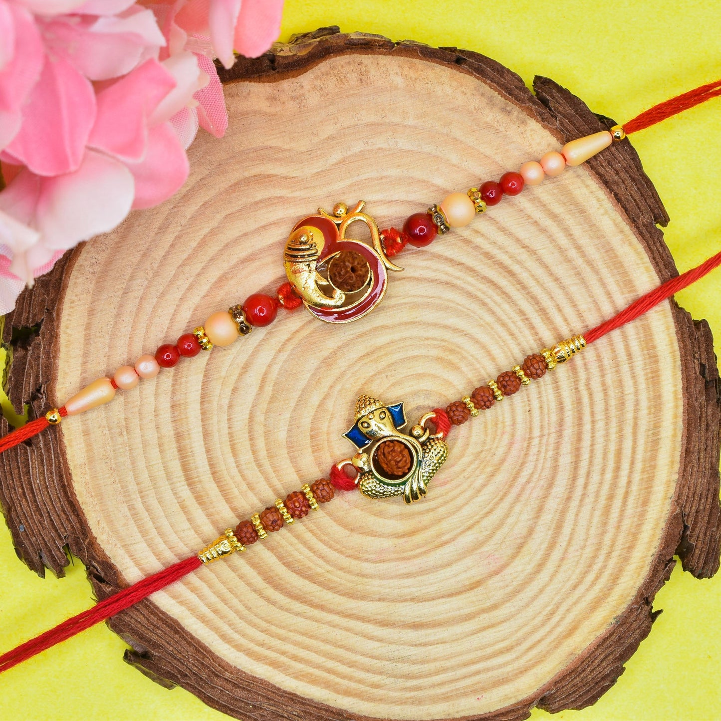 Brass Elegant Ganesha n OM Rakhi set with Roli Chawal & Card| rakhi for brother and bhabhi  kids| rakhi set of 2 | resin rakhi