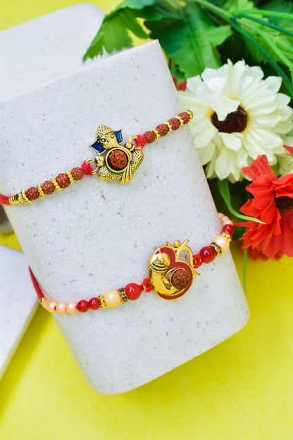 Brass Elegant Ganesha n OM Rakhi set with Roli Chawal & Card| rakhi for brother and bhabhi  kids| rakhi set of 2 | resin rakhi