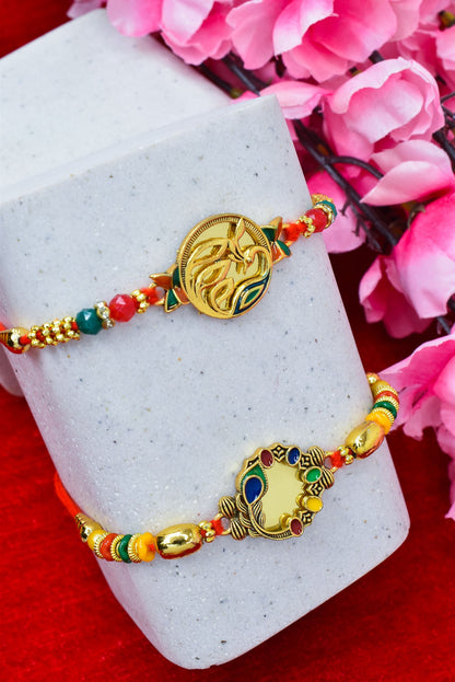 Brass Mirror Art Rakhi Multicolor Peacock  Rakhi set with Roli Chawal & Card| rakhi for brother and bhabhi  kids| rakhi set of 2 | resin rakhi