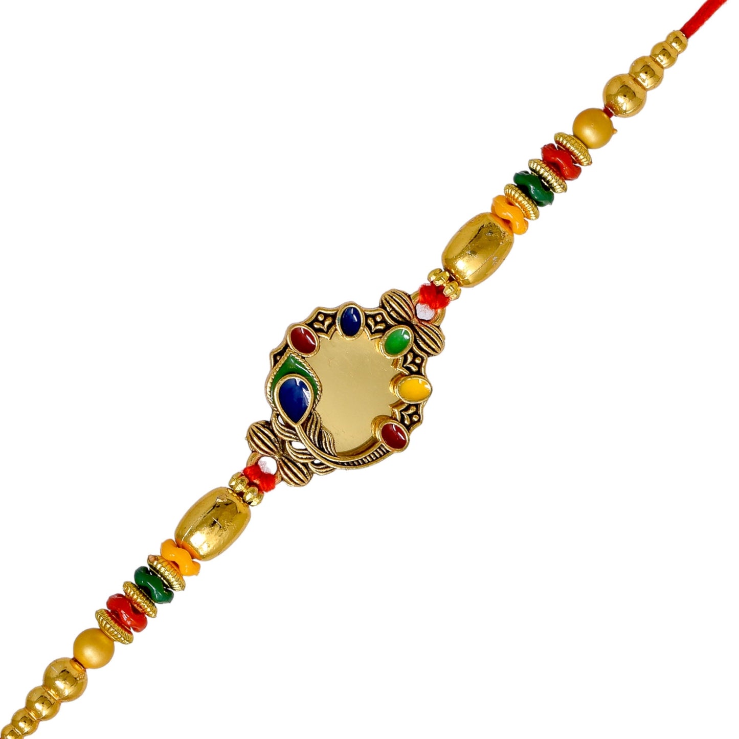 Brass Mirror Art Rakhi Multicolor Peacock  Rakhi set with Roli Chawal & Card| rakhi for brother and bhabhi  kids| rakhi set of 2 | resin rakhi