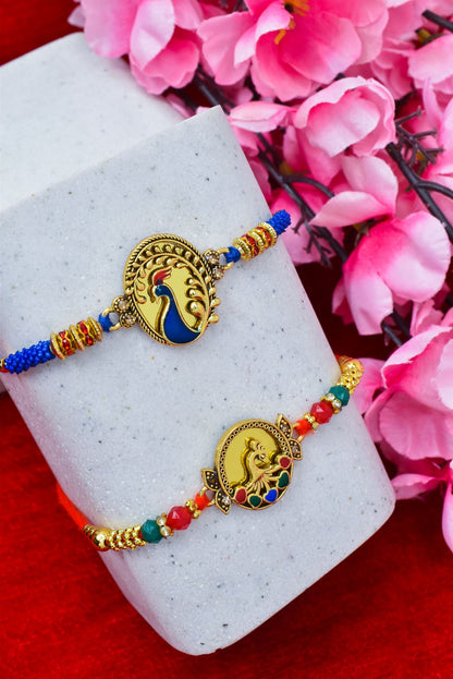 Brass Mirror Art Rakhi Multicolor Peacock  Rakhi set with Roli Chawal & Card| rakhi for brother and bhabhi  kids| rakhi set of 2 | resin rakhi