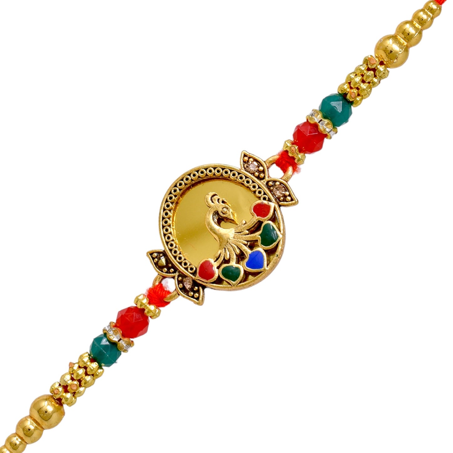 Brass Mirror Art Rakhi Multicolor Peacock  Rakhi set with Roli Chawal & Card| rakhi for brother and bhabhi  kids| rakhi set of 2 | resin rakhi