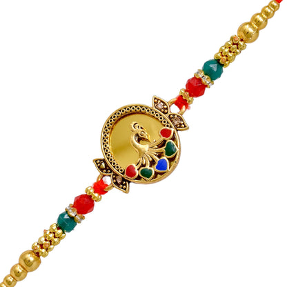 Brass Mirror Art Rakhi Multicolor Peacock  Rakhi set with Roli Chawal & Card| rakhi for brother and bhabhi  kids| rakhi set of 2 | resin rakhi