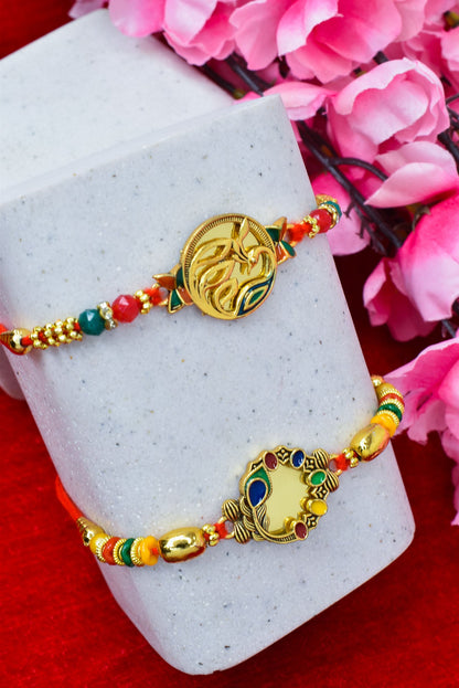 Brass Mirror Art Rakhi Multicolor Peacock  Rakhi set with Roli Chawal & Card| rakhi for brother and bhabhi  kids| rakhi set of 2 | resin rakhi