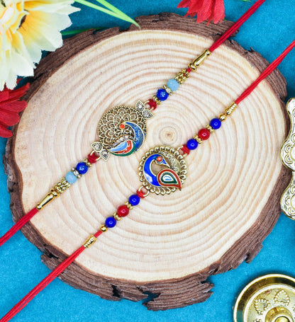 Brass Glorious Art Rakhi Multicolor Peacock  Rakhi set with Roli Chawal & Card| rakhi for brother and bhabhi  kids| rakhi set of 2 | resin rakhi