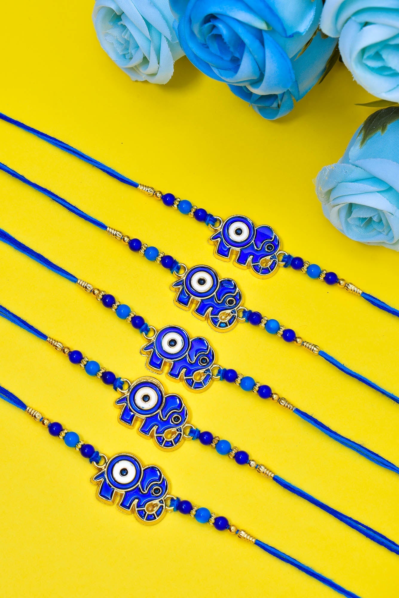Elephant Evil Eye Rakhi Combo (Set of 5) with Roli Chawal and Greeting Card For Men Brother Kids