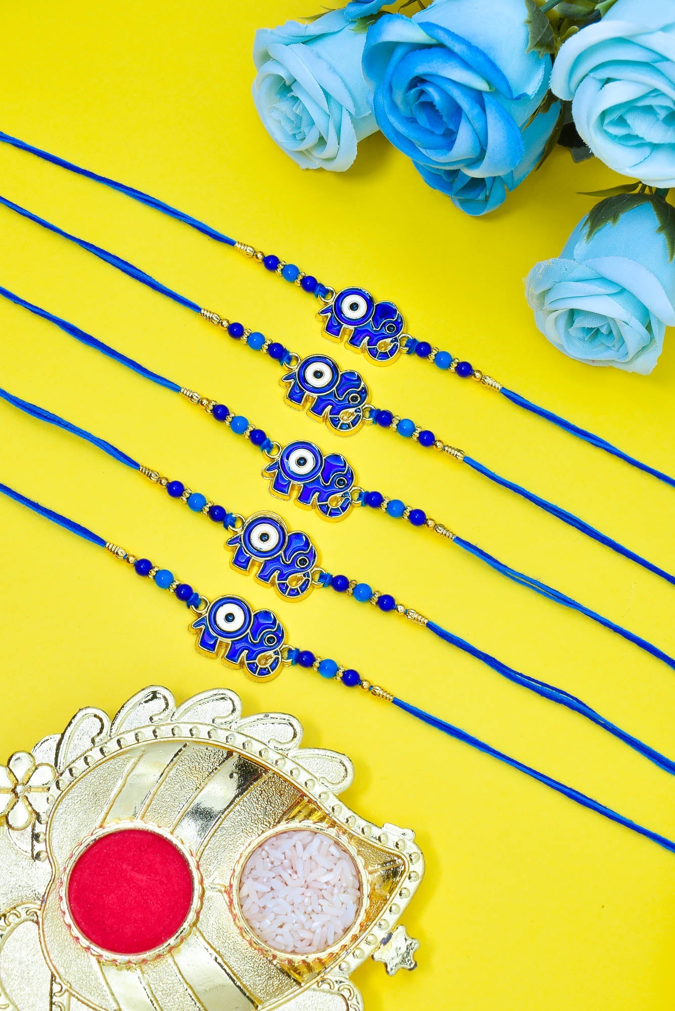 Elephant Evil Eye Rakhi Combo (Set of 5) with Roli Chawal and Greeting Card For Men Brother Kids