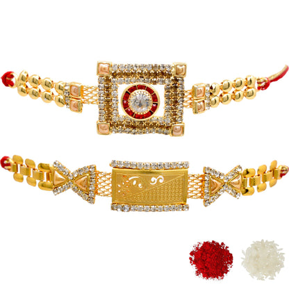 Brass A.D Combo Bracelate Rakhi set with Roli Chawal & Card| rakhi for brother and bhabhi  kids| rakhi set of 2 | resin rakhi