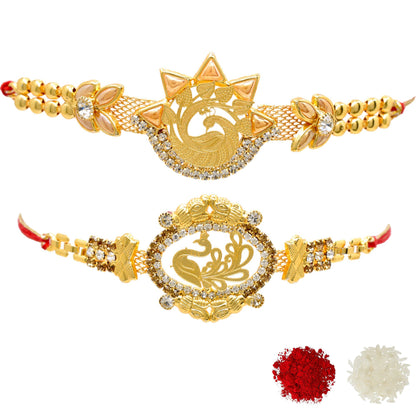 Brass Peacock A.D Combo Bracelate Rakhi set with Roli Chawal & Card| rakhi for brother and bhabhi  kids| rakhi set of 2 | resin rakhi