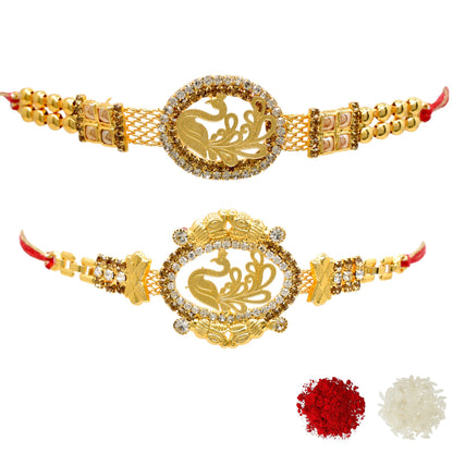 Brass Peacock A.D Combo Bracelate Rakhi set with Roli Chawal & Card| rakhi for brother and bhabhi  kids| rakhi set of 2 | resin rakhi