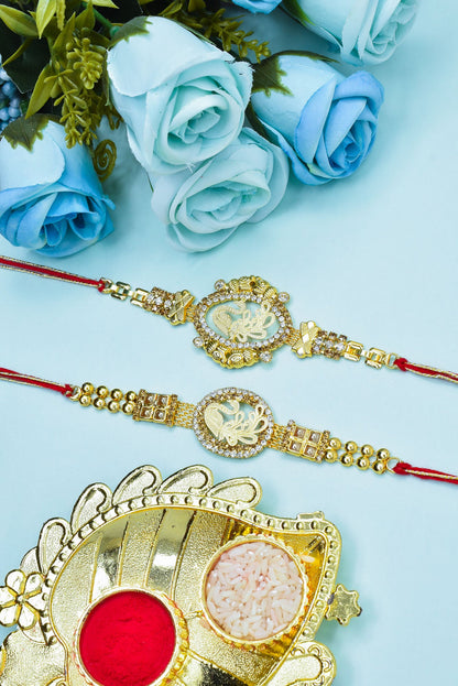 Brass Peacock A.D Combo Bracelate Rakhi set with Roli Chawal & Card| rakhi for brother and bhabhi  kids| rakhi set of 2 | resin rakhi