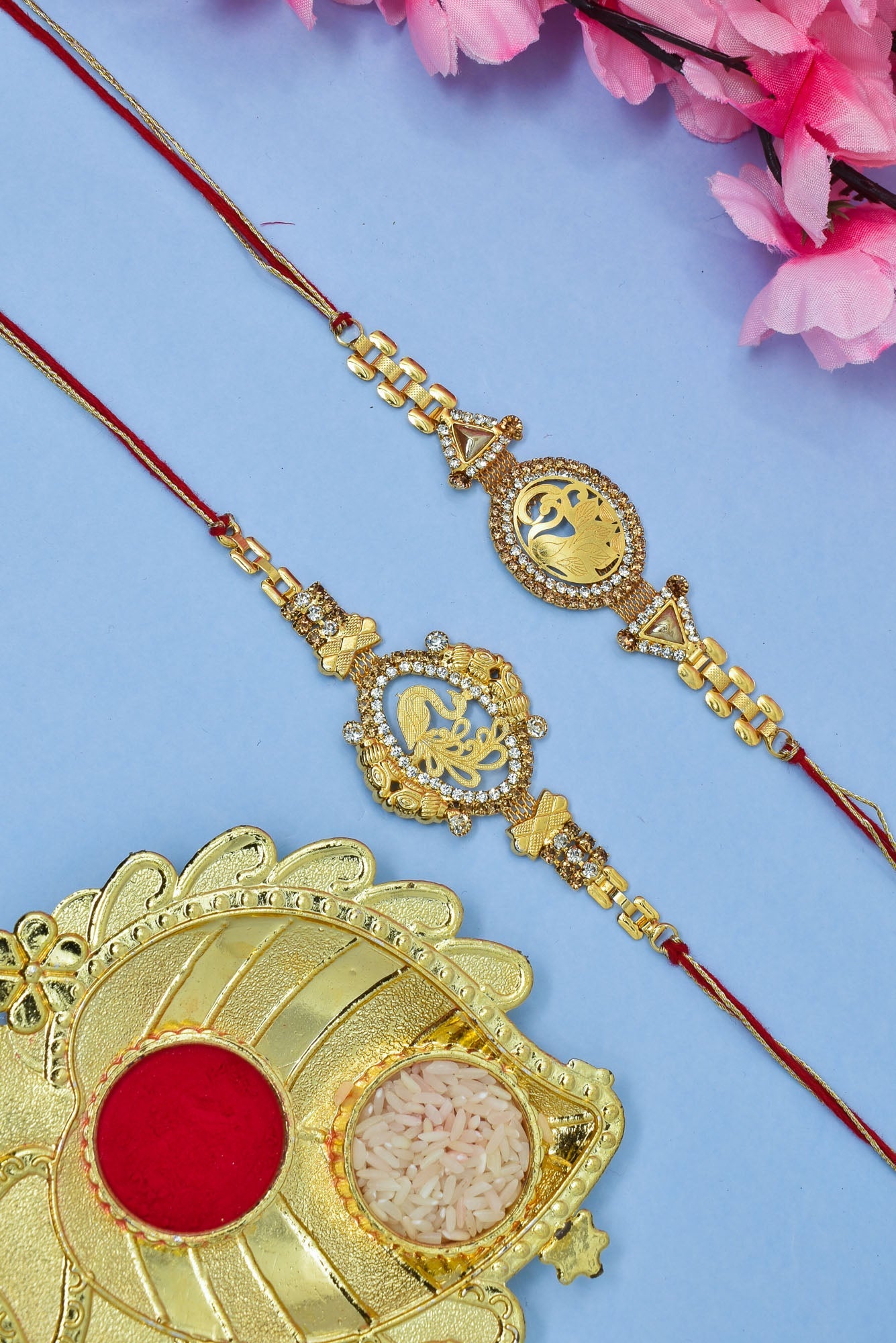 Brass Peacock A.D Combo Bracelate Rakhi set with Roli Chawal & Card| rakhi for brother and bhabhi  kids| rakhi set of 2 | resin rakhi