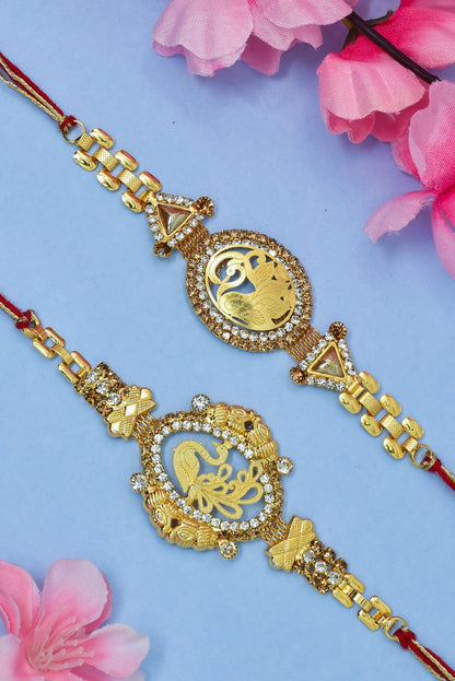 Brass Peacock A.D Combo Bracelate Rakhi set with Roli Chawal & Card| rakhi for brother and bhabhi  kids| rakhi set of 2 | resin rakhi