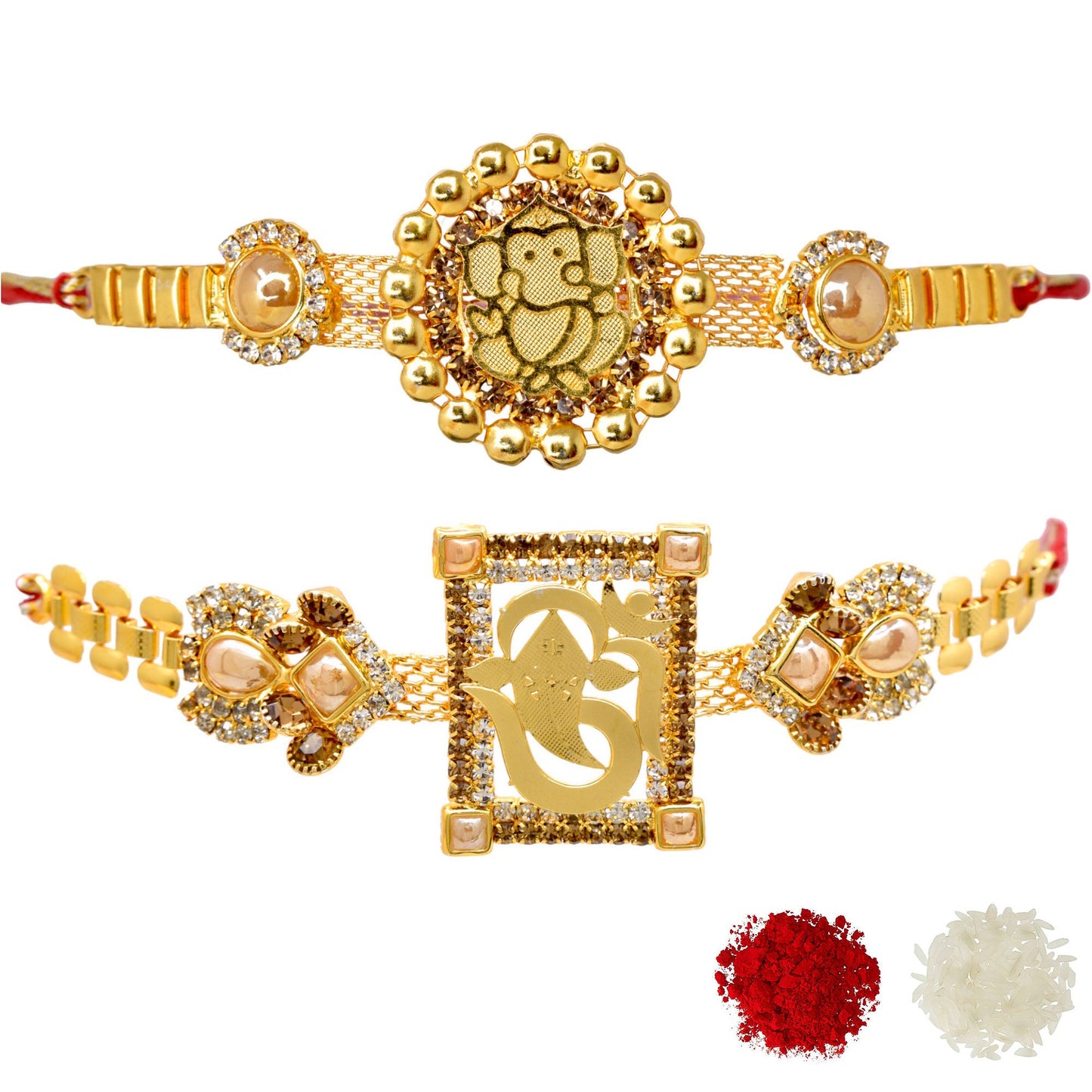 OM n GANESHA Brass A.D Combo Bracelate Rakhi set with Roli Chawal & Card| rakhi for brother and bhabhi  kids| rakhi set of 2 | resin rakhi