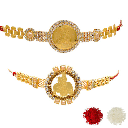 KRISHANA Rakhi Brass A.D Combo Bracelate Rakhi set with Roli Chawal & Card| rakhi for brother and bhabhi  kids| rakhi set of 2 | resin rakhi