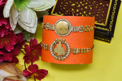 KRISHANA Rakhi Brass A.D Combo Bracelate Rakhi set with Roli Chawal & Card| rakhi for brother and bhabhi  kids| rakhi set of 2 | resin rakhi