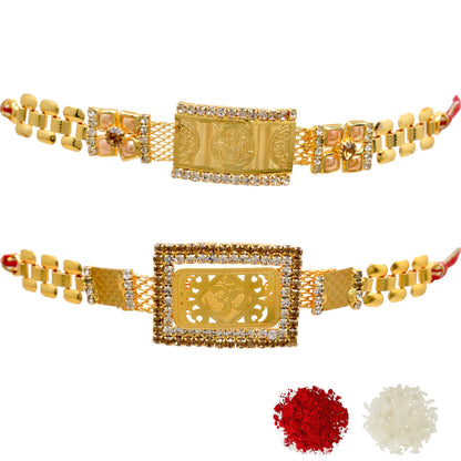 OM Rakhi Brass A.D Combo Bracelate Rakhi set with Roli Chawal & Card| rakhi for brother and bhabhi  kids| rakhi set of 2 | resin rakhi