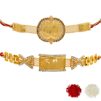 Rakhi Brass A.D Combo Bracelate Rakhi set with Roli Chawal & Card| rakhi for brother and bhabhi  kids| rakhi set of 2 | resin rakhi