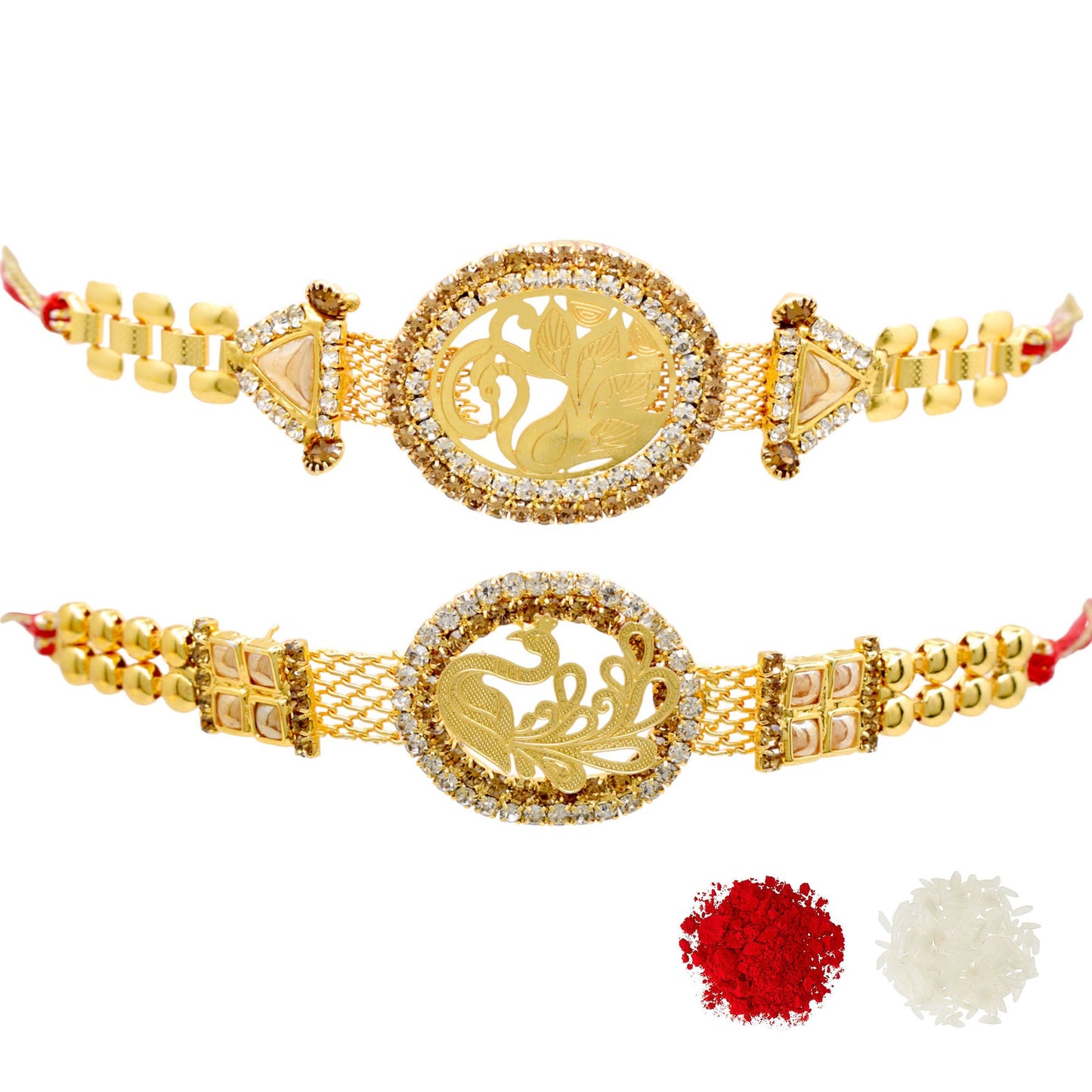 PEACOCK Rakhi Brass A.D Combo Bracelate Rakhi set with Roli Chawal & Card| rakhi for brother and bhabhi  kids| rakhi set of 2 | resin rakhi